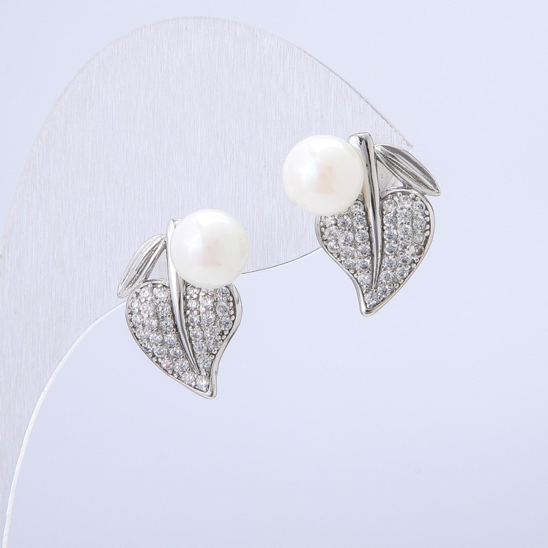 Xuping Rhodium Earrings with White Rhinestones and White Bead, 16x14mm diameter +