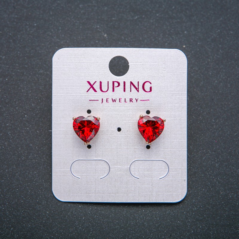 Xuping Heart Stud Earrings 18K Gold Plated with Red Crystal, 9mm diameter +