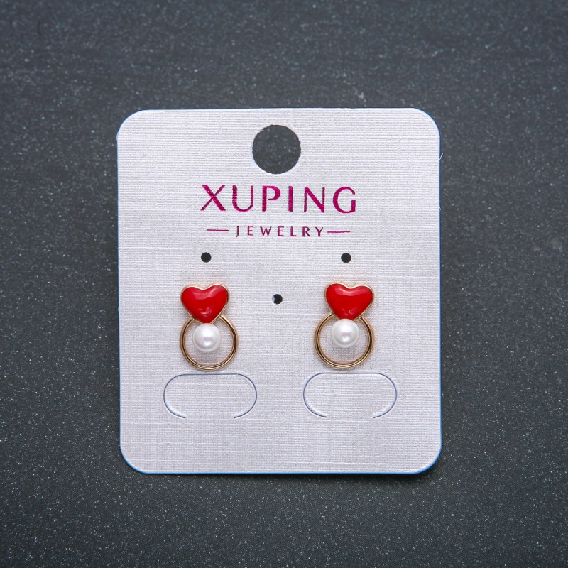 Xuping Heart Stud Earrings 18K Gold Plated with Red Enamel and White Bead, 12x8mm diameter +
