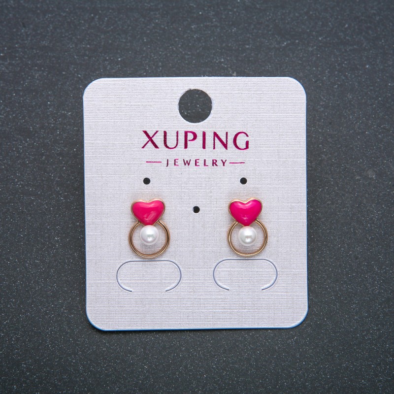 Xuping Heart Stud Earrings 18K Gold Plated with Pink Enamel and White Bead, 12x8mm diameter +
