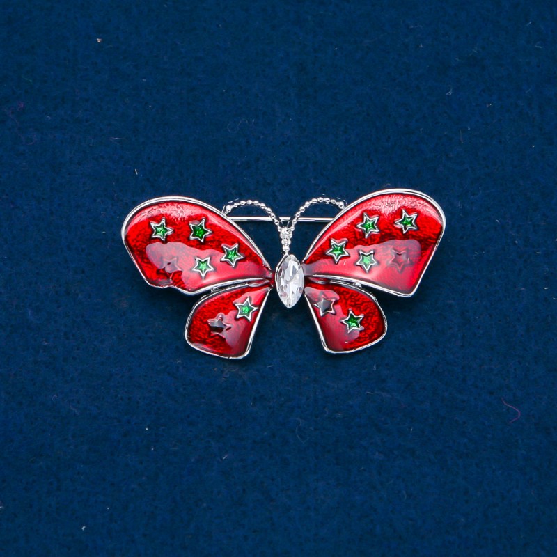 Sale! Butterfly Brooch, Golden Metal, Enamel and White Rhinestone 48x24mm +