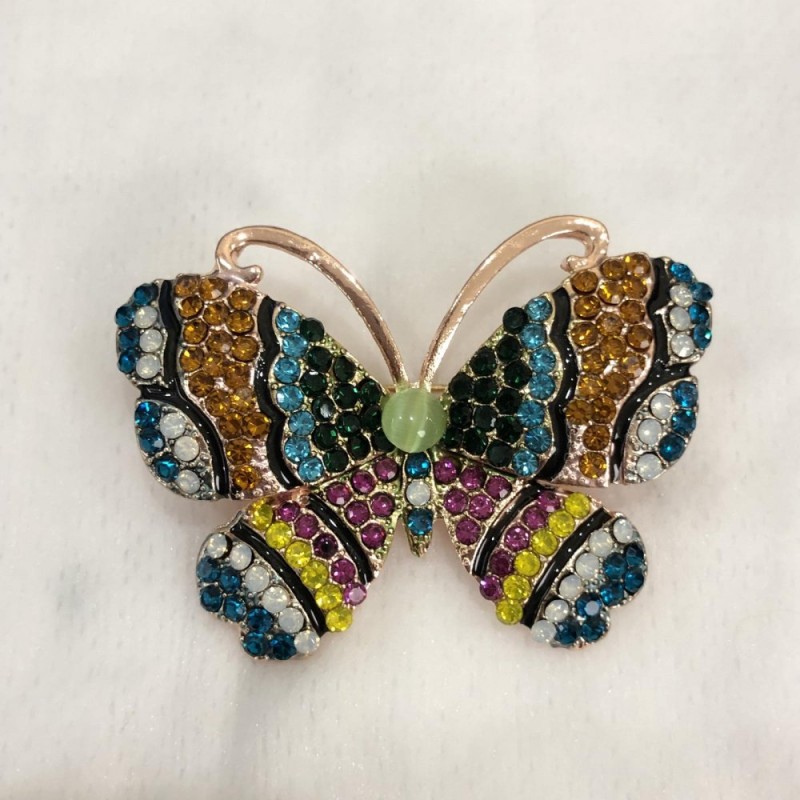 Sale! Butterfly Brooch, Rose Gold Metal, Multicoloured Rhinestones and Green Bead 46x34mm +