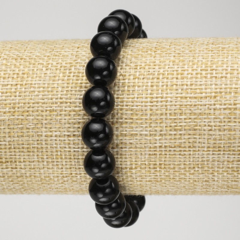 Natural Black Tourmaline Smooth Bead Bracelet on Elastic Band, diameter 10mm+