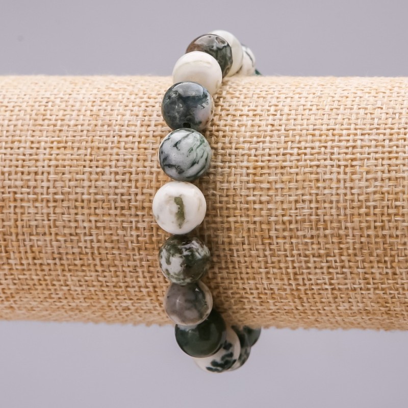 Bracelet on Elastic, Natural Moss Agate, Diameter 10.5mm+