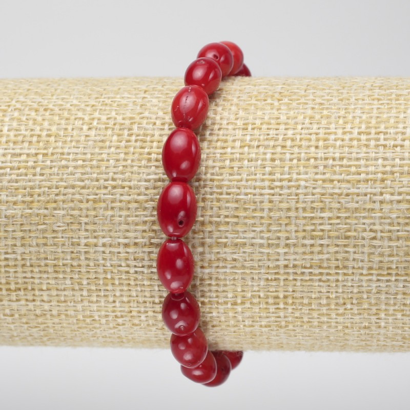 Bracelet, Natural Coral Oval, Diameter 11x6mm+/-, Length 18cm+/- (Stretch)