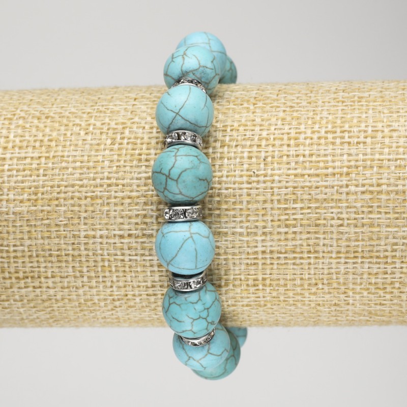 Turquoise Bracelet (Imitation) on Elastic, Diameter 12mm+/- with White Rhinestone Inserts, Length 18cm+