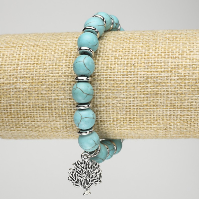 Turquoise (Imitation) Bracelet on Elastic Band, diameter 10mm+/-, with Silver-Tone Inserts and Charm, length 18cm+