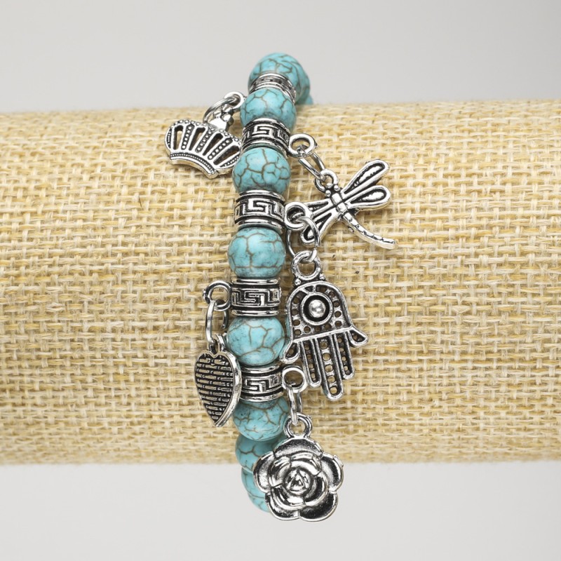 Turquoise Bracelet (Imitation) on Elastic, Diameter 8mm+/- with Silver-Tone Inserts and Charms, Length 18cm+