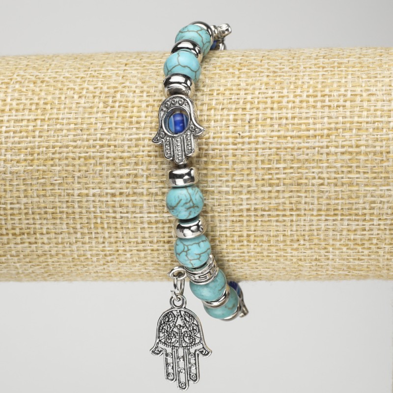 Turquoise (Imitation) Bracelet on Elastic Band, diameter 8mm+/-, with Silver-Tone Hand-Shaped Inserts and Charms, length 18cm+