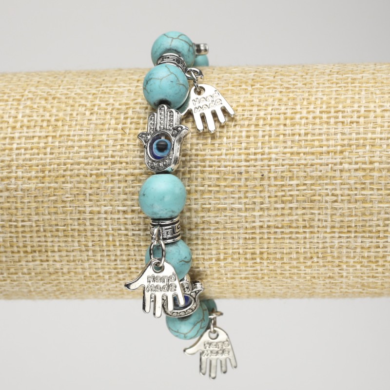 Turquoise Bracelet (imitation) on Elastic, Diameter 10mm+- with Silver-tone Palm Inserts and Charms, Length 18cm+