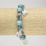 Turquoise Bracelet (imitation) on Elastic, Diameter 10mm+- with Silver-tone Palm Inserts and Charms, Length 18cm+