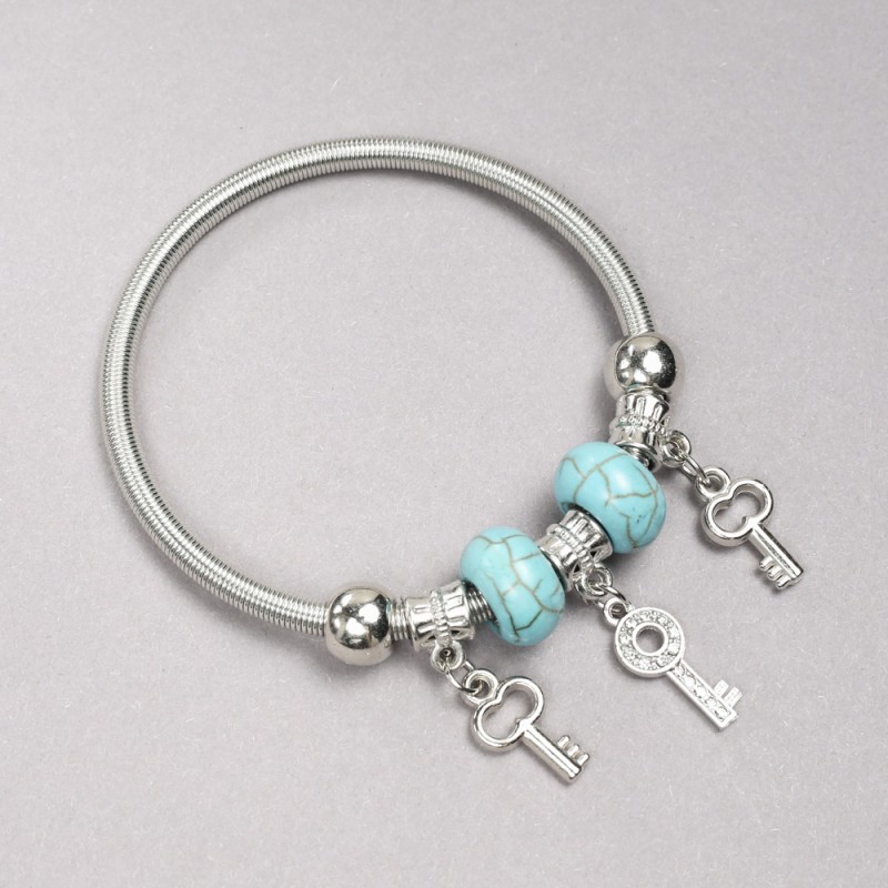 Pandora-style Bracelet with Turquoise Beads (imitation), Diameter 14x8mm+- and Key Charm with White Rhinestones