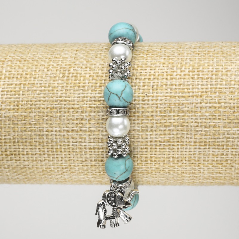 Turquoise Bracelet (imitation) on Elastic, Diameter 10mm+- with Pearls (imitation), Silver-tone Inserts and Elephant Charm, Length 18cm+