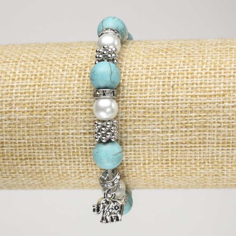 Turquoise Bracelet (imitation) on Elastic, Diameter 10mm+- with Pearls (imitation), Silver-tone Inserts and Elephant Charm, Length 18cm+