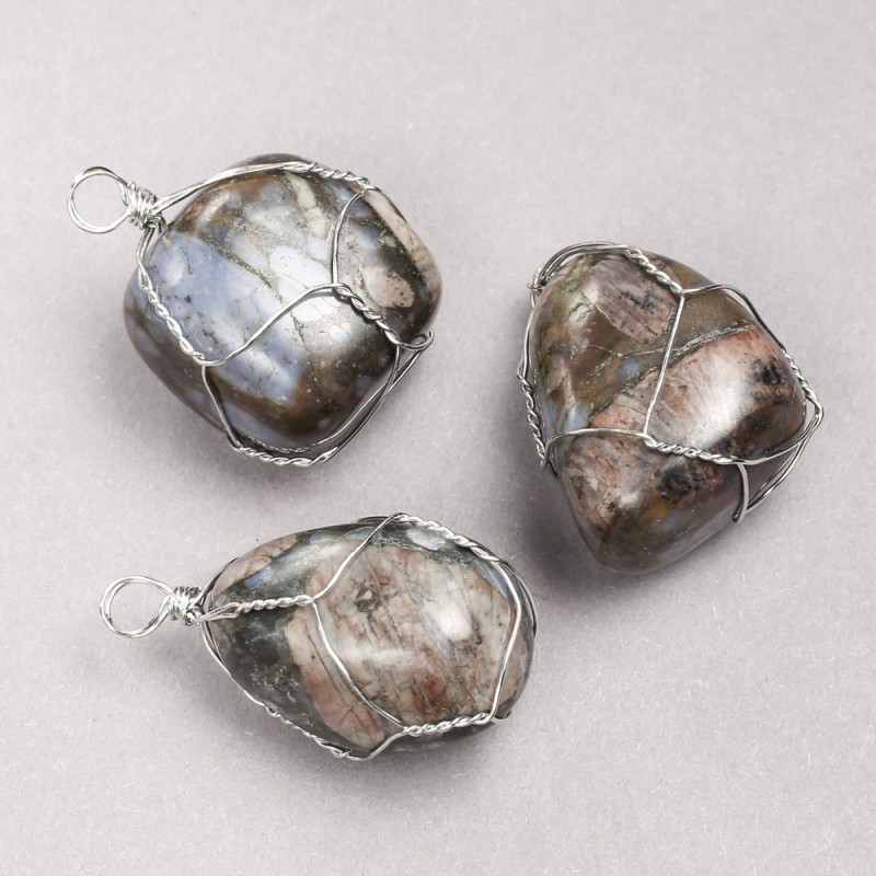 Pendant in Silver-Tone Wire Wrap with Natural Jasper, diameter 35x20mm+