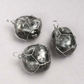 Larvikite Pendant in Silver-Tone Wire Wrap, diameter 35x20mm+