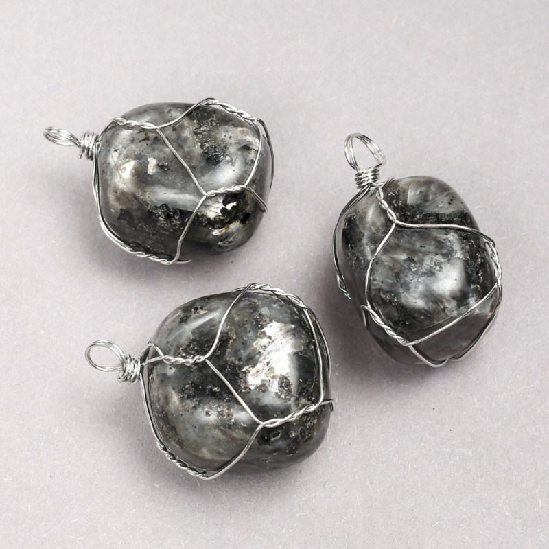Larvikite Pendant in Silver-Tone Wire Wrap, diameter 35x20mm+