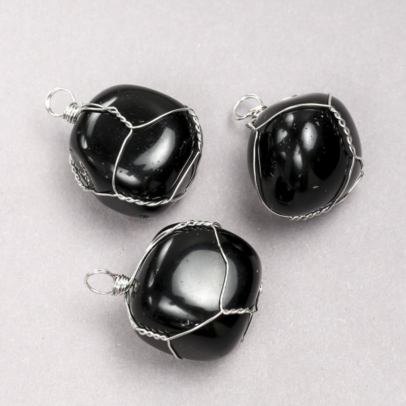Pendant in Silver-Tone Wire Wrap with Natural Black Onyx, diameter 35x20mm+