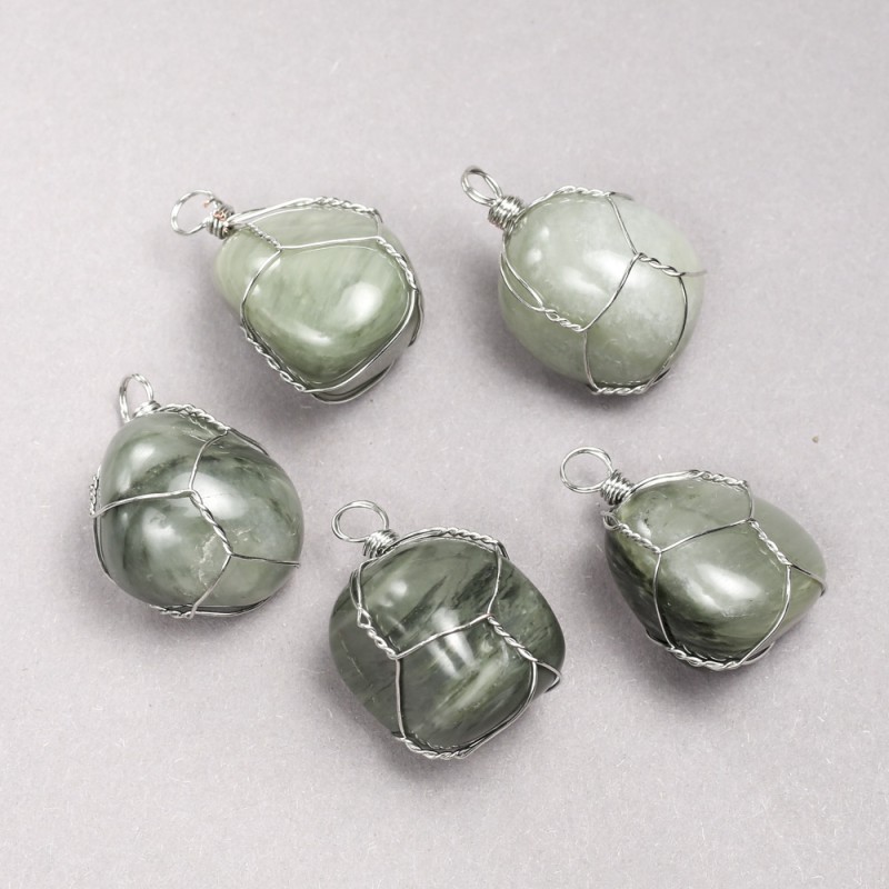 Pendant in Silver-Tone Wire Wrap with Natural Seraphinite Stone, diameter 35x20mm+