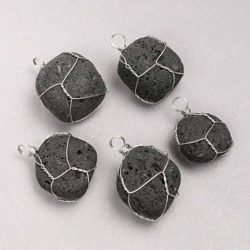 Pendant in Silver-Tone Wire Wrap with Natural Lava Stone, diameter 35x20mm+