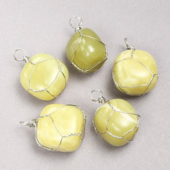 Pendant in Silver-Tone Wire Wrap with Natural Jadeite Stone, diameter 35x20mm+