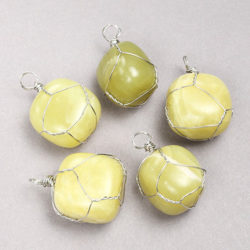 Pendant in Silver-Tone Wire Wrap with Natural Jadeite Stone, diameter 35x20mm+