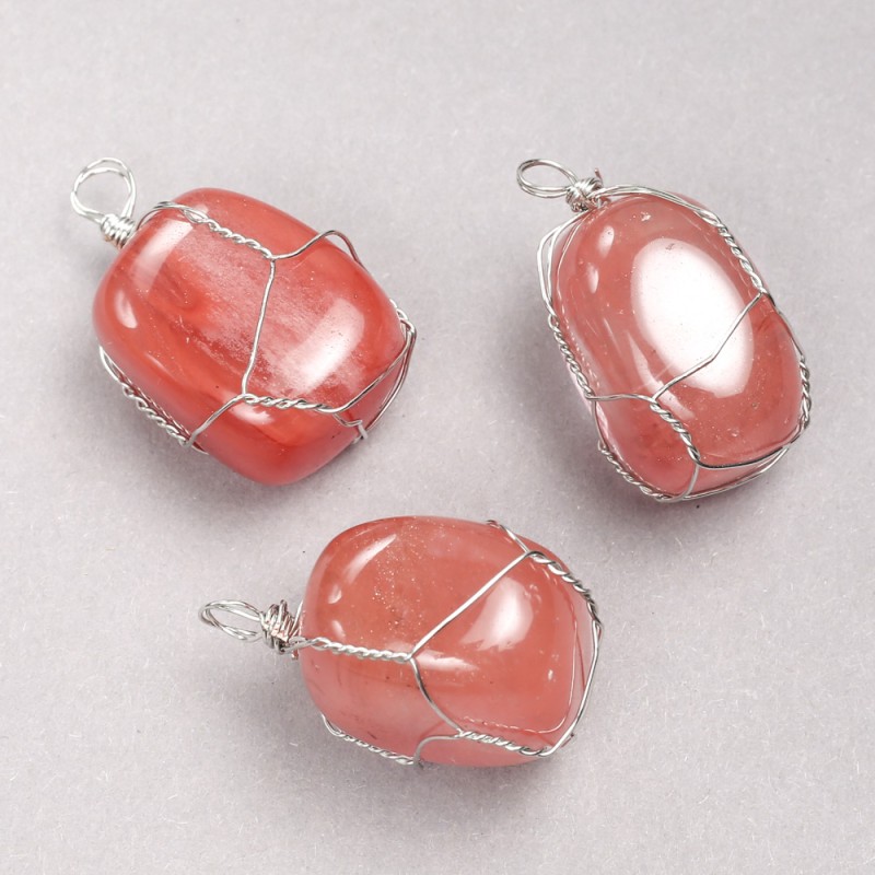 Pendant in Silver-Tone Wire Wrap with Natural Chalcedony Stone, diameter 35x20mm+