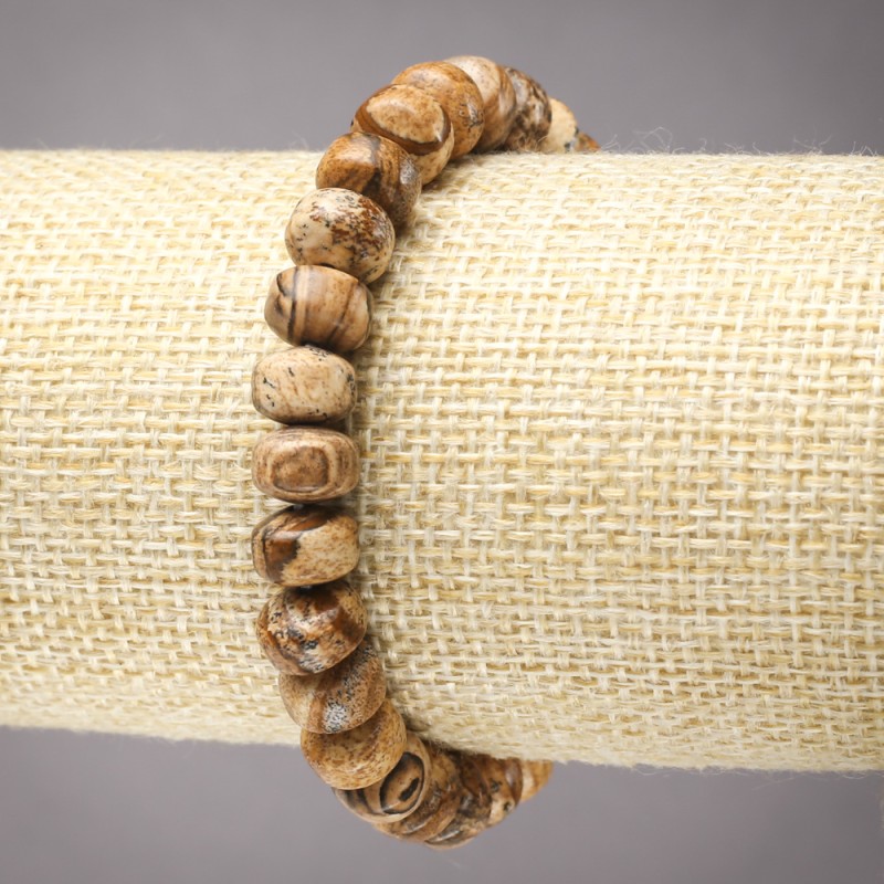 Elastic Bracelet with Natural Picture Jasper Stone, Smooth Rondelles, diameter 9x7mm+
