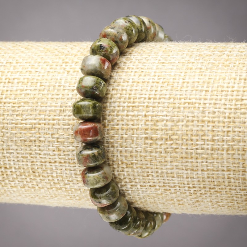 Elastic Bracelet with Natural Jasper, Heliotrope and Unakite Stones, Smooth Rondelles, diameter 9x7mm+