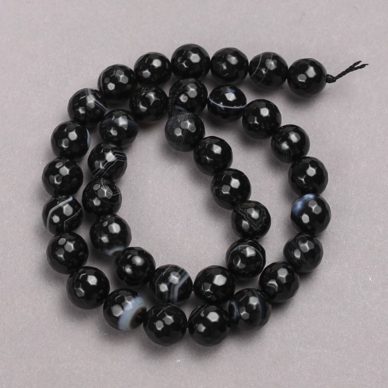 Black Agate Beads on Thread, Faceted Round, Diameter 10mm +/-, Length 38cm +