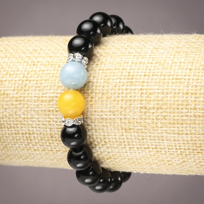 Elastic Bracelet, Pressed Agate with Citrine and Aquamarine, Smooth Round Beads, Diameter 10mm+/-, Silver-Tone Rhinestone Inserts