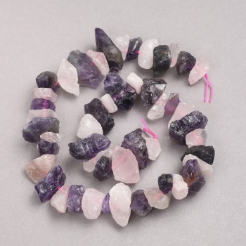 Beads Raw Stone Rose Quartz and Amethyst on Thread Tumbled, Diameter 12x20mm+/-, Length 42cm+