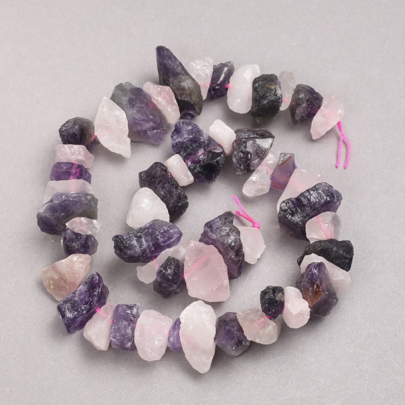 Beads Raw Stone Rose Quartz and Amethyst on Thread Tumbled, Diameter 12x20mm+/-, Length 42cm+