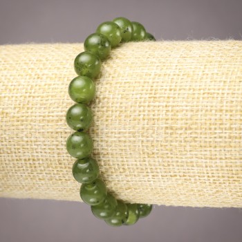 Bracelet on Elastic Natural Stone Canadian Jadeite Smooth Round Bead, Diameter 8mm+