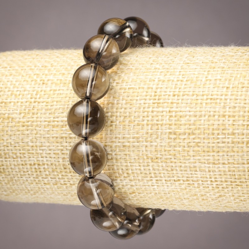 Bracelet on Elastic Natural Stone Smoky Quartz Smooth Round Bead, Diameter 12mm+