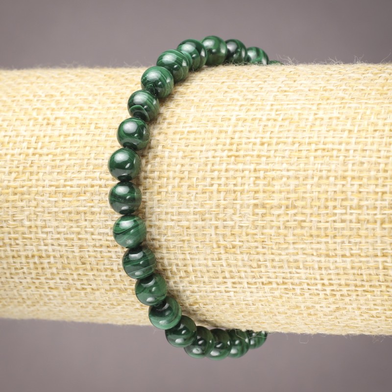 Natural Malachite Bracelet on Elastic, Smooth Round Beads, 6mm+ Diameter