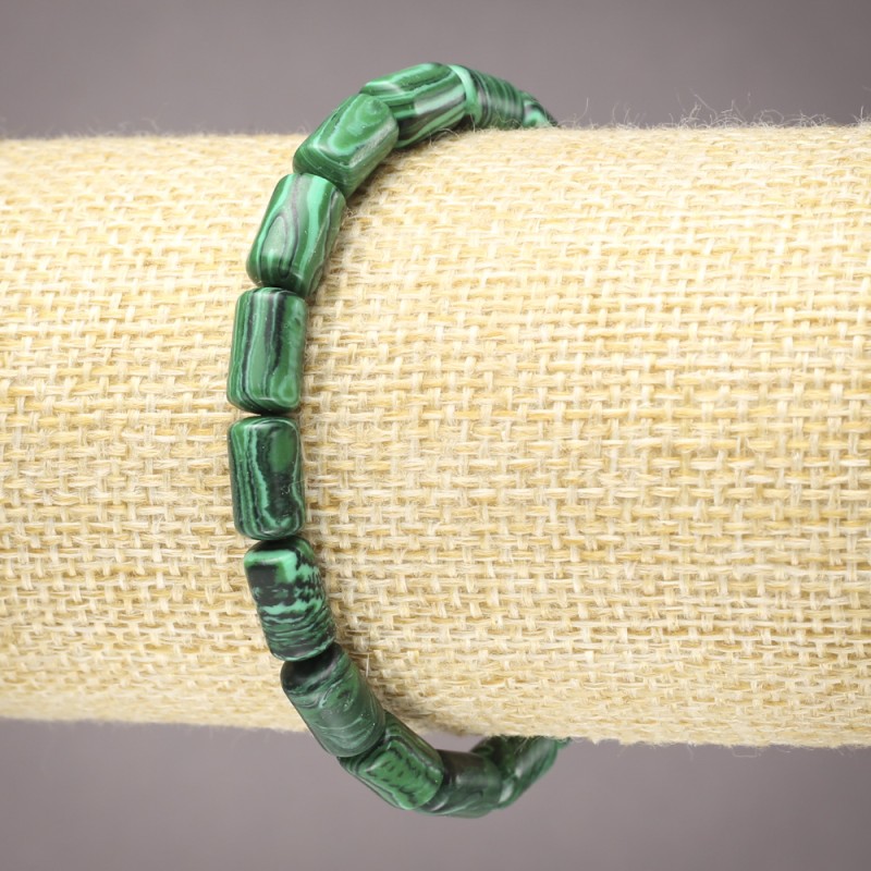 Malachite (Pressed) Bracelet on Elastic, Smooth Cylinder Beads, 10x6mm+ Diameter