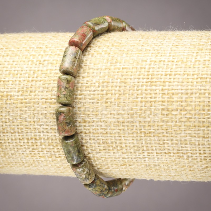 Natural Jasper, Heliotrope & Unakite Bracelet on Elastic, Smooth Cylinder Beads, 10x6mm+ Diameter