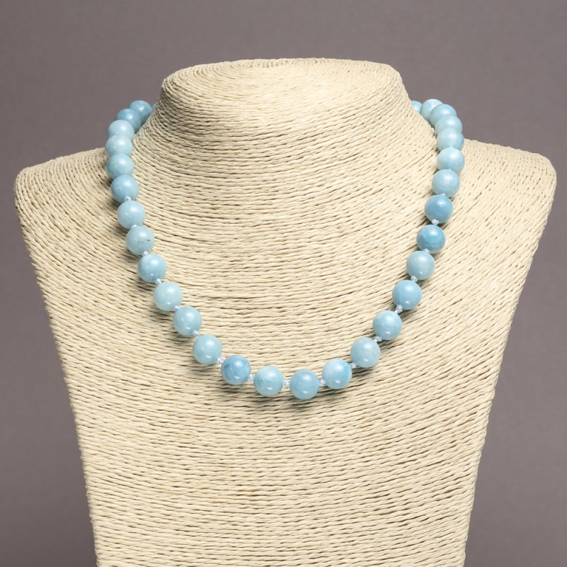 Natural Aquamarine Stone Necklace, smooth round beads, diameter 10(+-)mm, length 45cm+