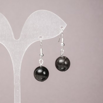 Silver Obsidian Earrings, smooth round beads, diameter 12mm+-, length 33mm+