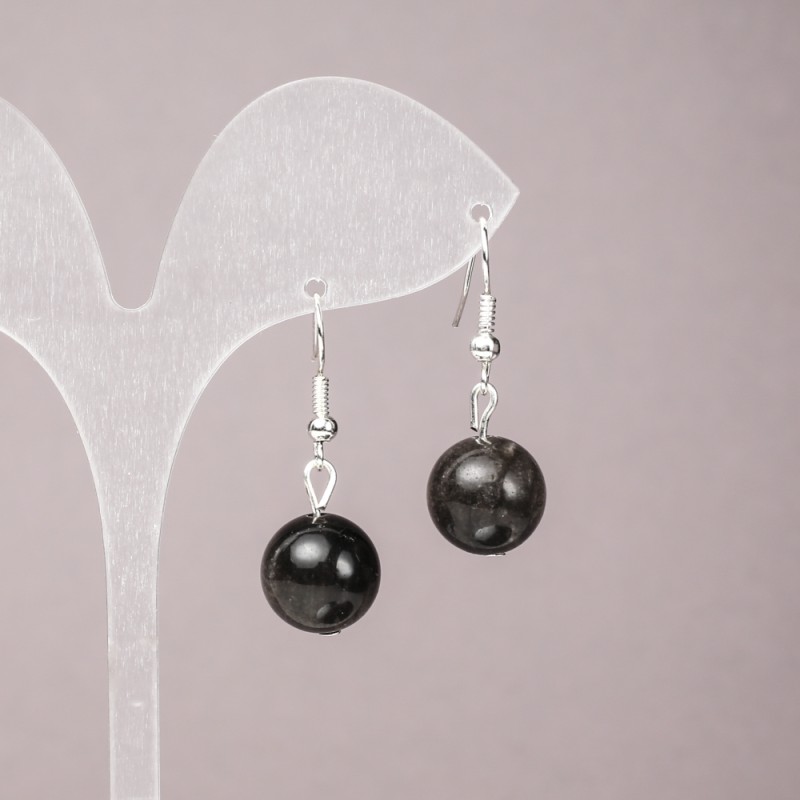 Silver Obsidian Earrings, smooth round beads, diameter 12mm+-, length 33mm+