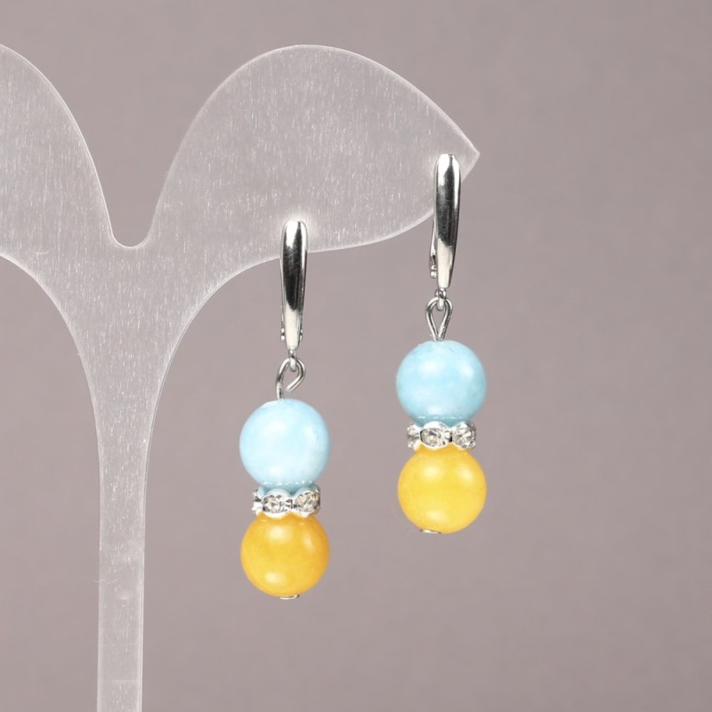 Natural Aquamarine and Citrine Stone Earrings with White Rhinestones, diameter 10mm+-, length 43mm+