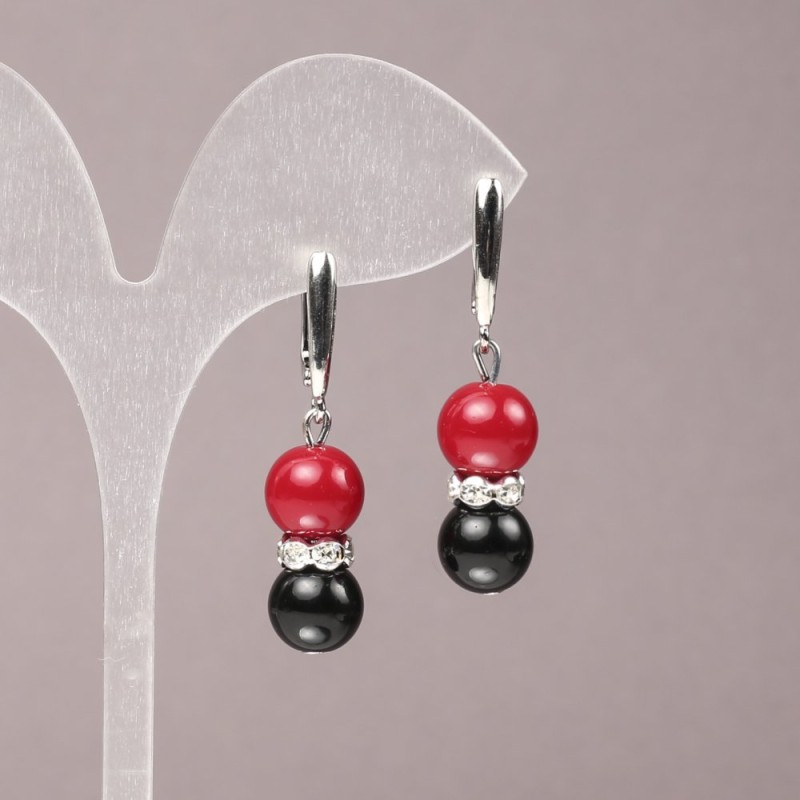 Earrings with Coral (synthetic) and Agate (pressed) with White Rhinestones, smooth round beads, diameter 10mm+-, length 42mm+