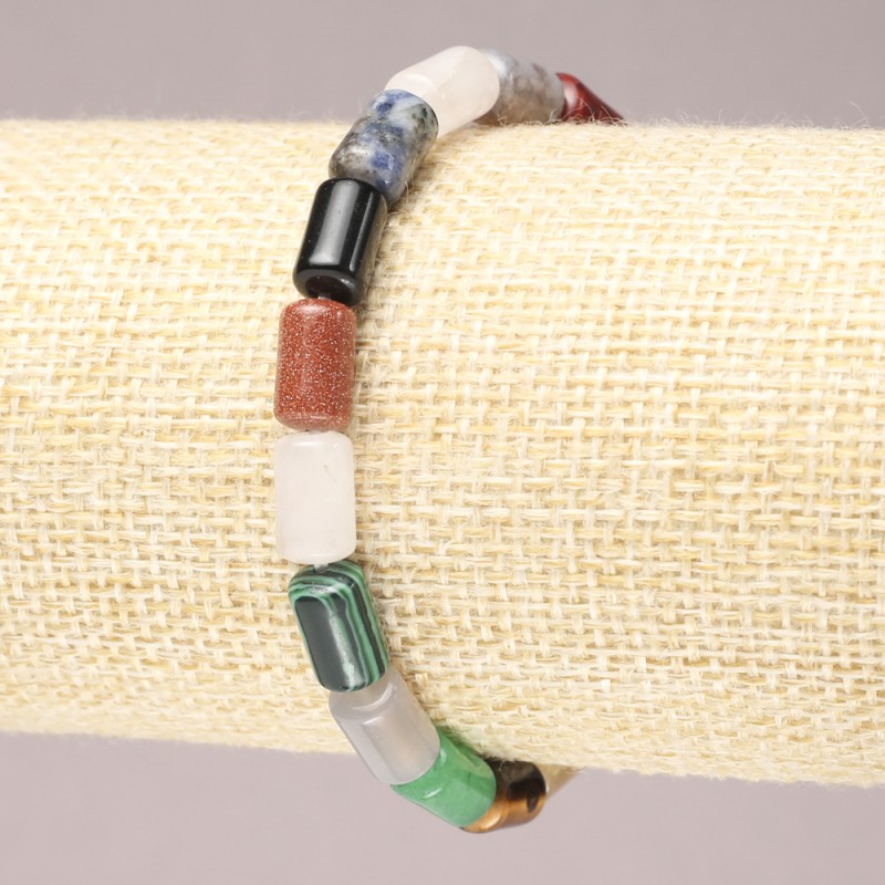 Elastic Bracelet with Natural Assorted Stone Smooth Cylinder Beads, 10x6mm+ diameter