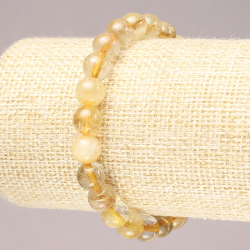 Elastic Bracelet with Natural Rutilated Quartz Smooth Round Beads, 8(+-)mm diameter