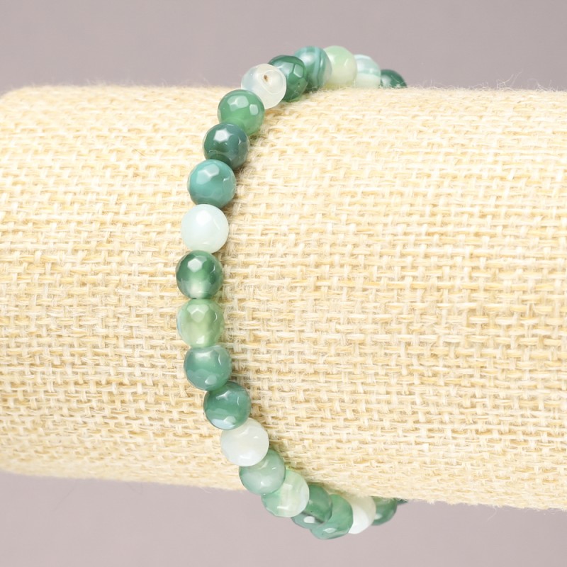 Elastic Bracelet with Natural Green Agate Faceted Round Beads, 6mm+ diameter