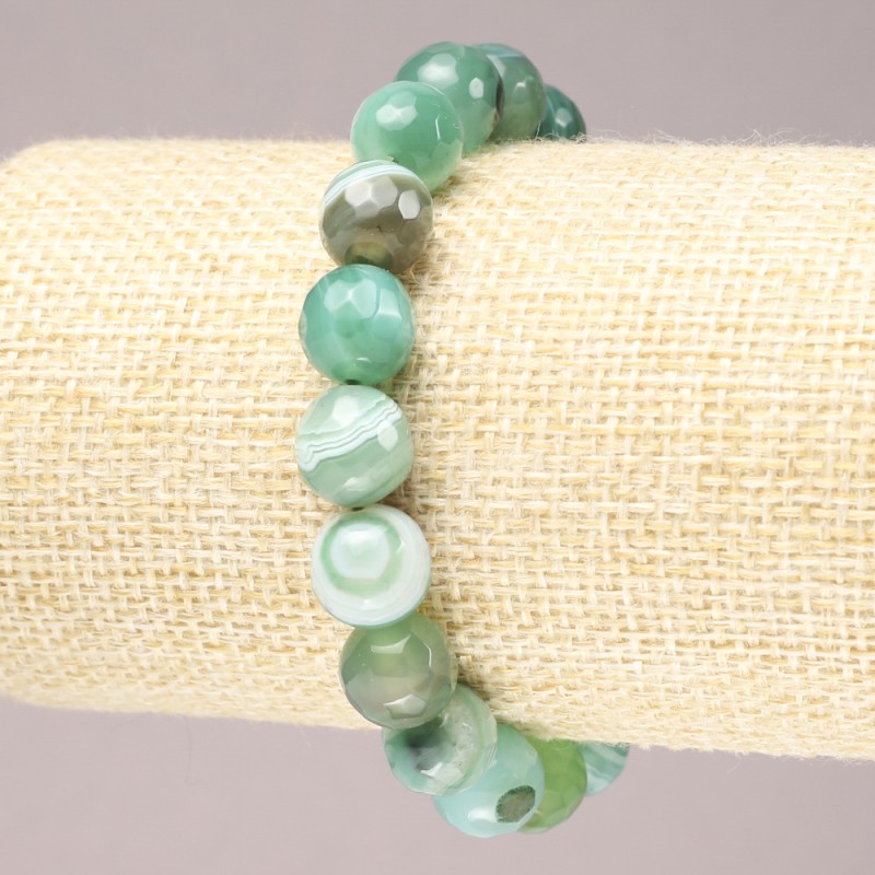 Elastic Bracelet with Natural Green Agate Faceted Round Beads, 10mm+ diameter