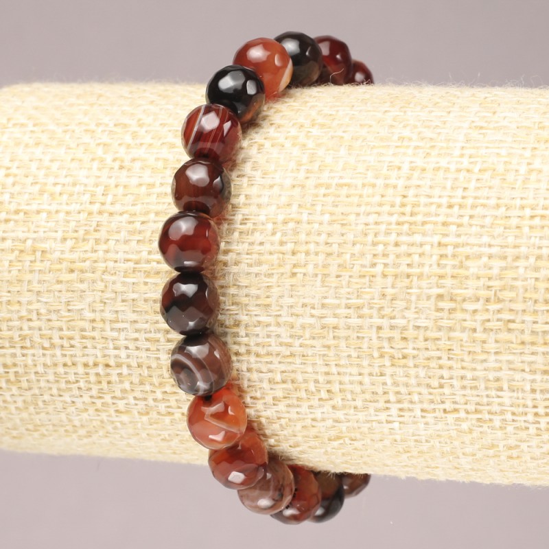 Elastic Bracelet with Natural Brown Agate Faceted Round Beads, 8mm+ diameter