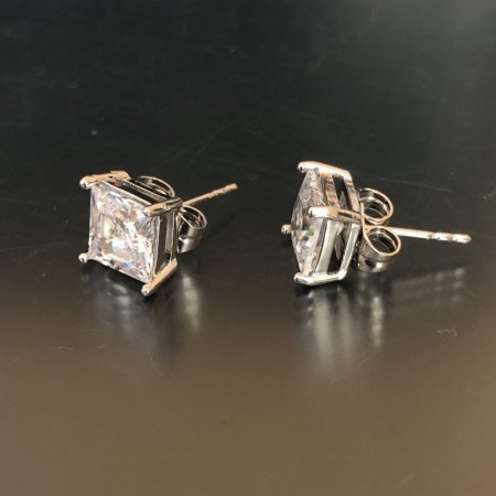 Xuping Rhodium Stud Earrings with White Stones, Square Setting 7mm+