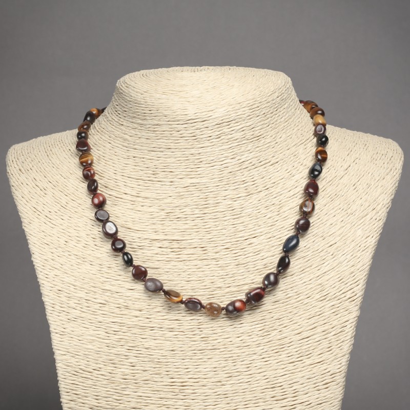 Natural Stone Necklace Bull's Eye, Hawk's Eye, Tiger's Eye Tumbled, Diameter 6x8mm+-, Length 45cm+